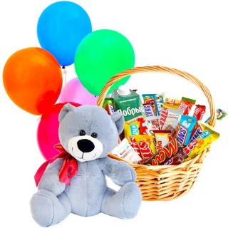 Подарочный набор Мягкая игрушка, шары и корзина со сладостями